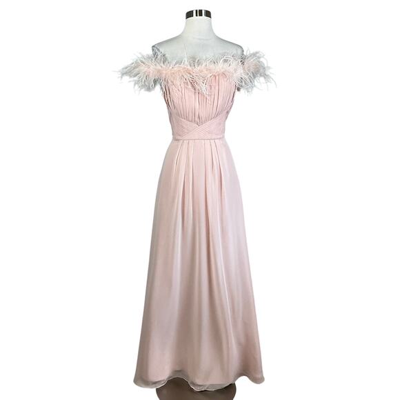 Eliza J Off the Shoulder Evening Gown Size 12 Pink Chiffon Feather Trim A-Line - Picture 1 of 12
